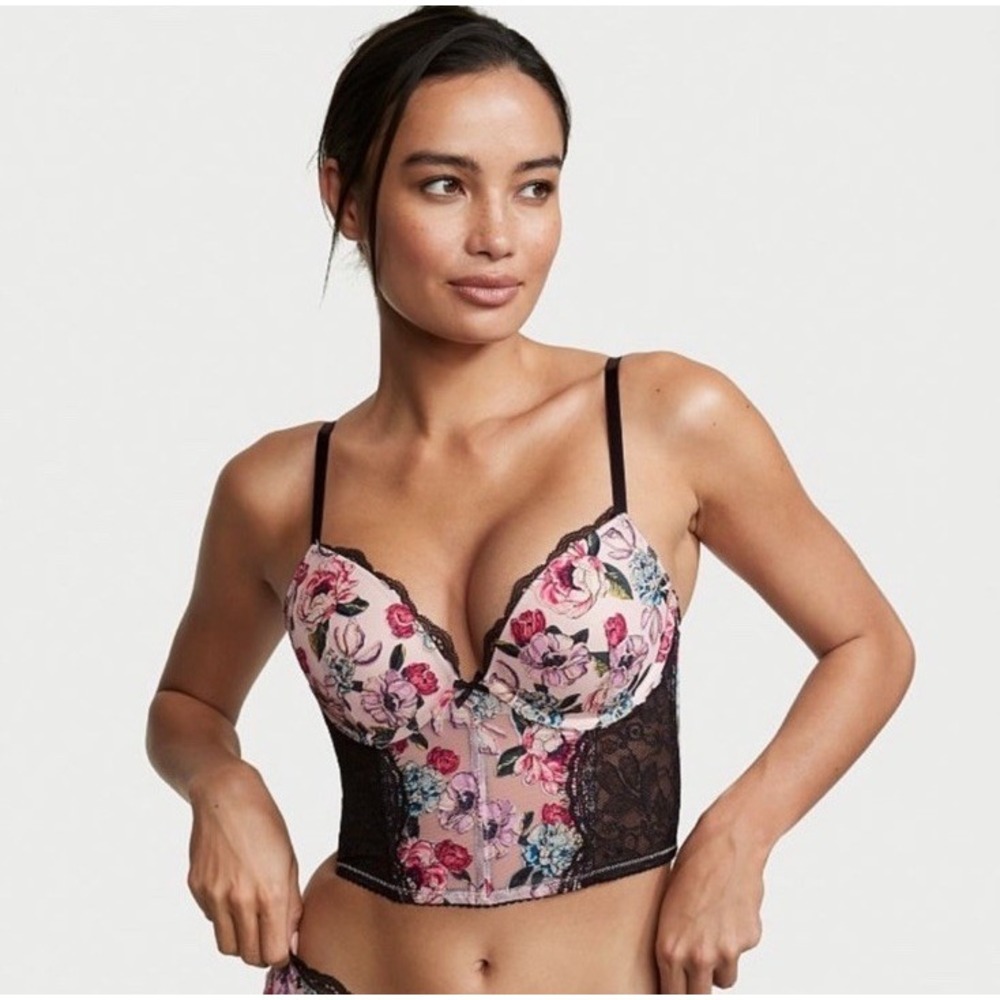 Victoria's Secrets Rose Embroidery Purest Pink Floral Bra Top Corset Size 34C